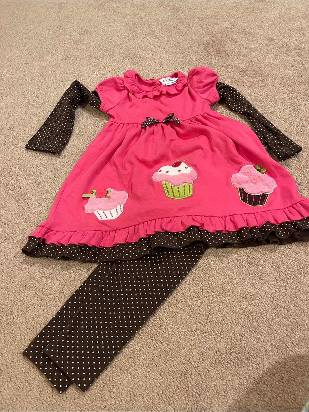 Rare Editions Pink and Brown Cupcake Dress with Polka Dot Leggings